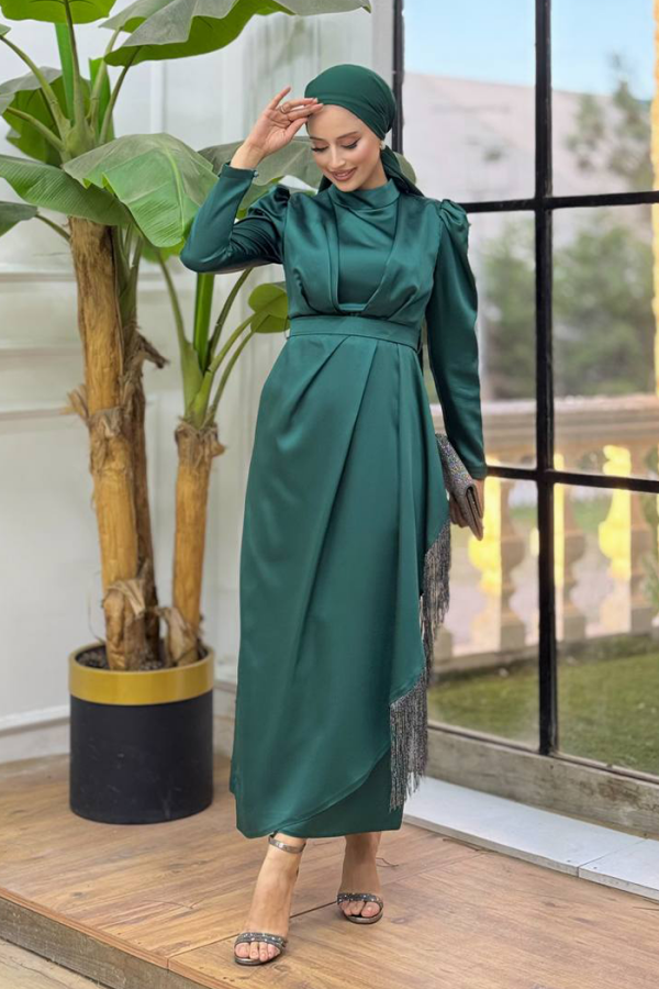 Skirt Tassel Detail Belt Accessory Satin Evening Dress 3763 Emerald - 1