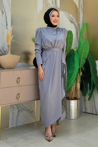 Skirt Tassel Detail Belt Accessory Satin Evening Dress 3763 Gray 