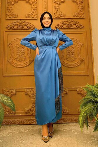 Skirt Tassel Detail Belt Accessory Satin Evening Dress 3763 Indigo 