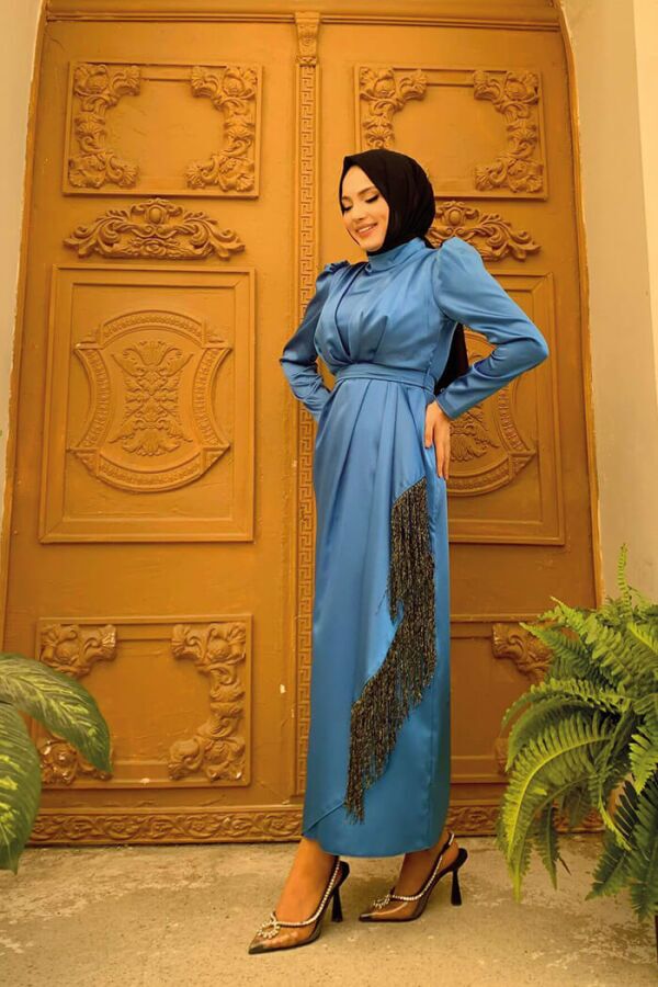 Skirt Tassel Detail Belt Accessory Satin Evening Dress 3763 Indigo - 4