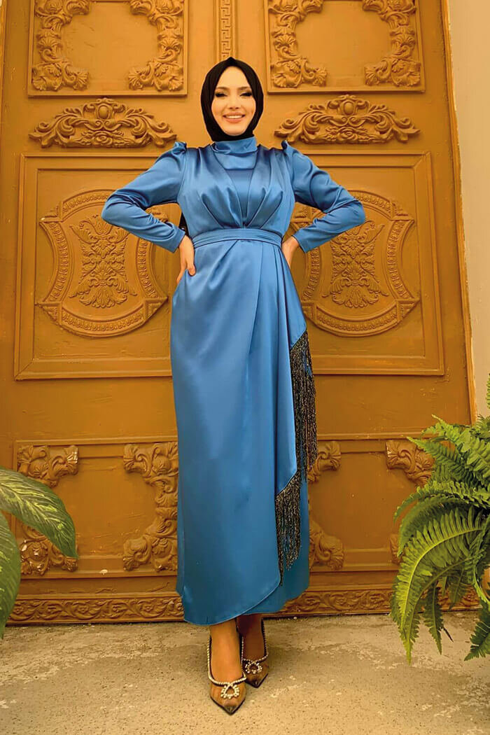 Skirt Tassel Detail Belt Accessory Satin Evening Dress 3763 Indigo - 4