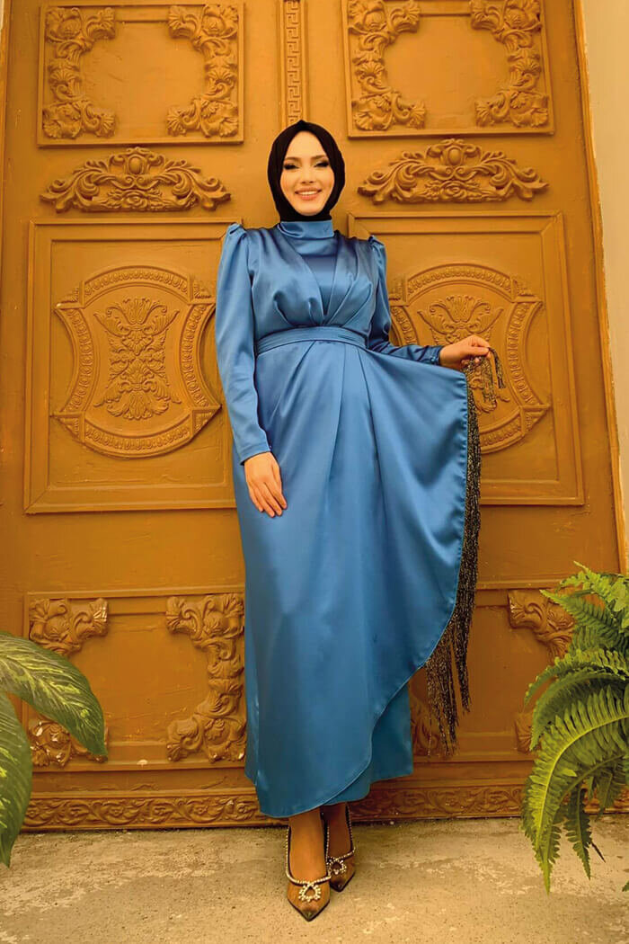 Skirt Tassel Detail Belt Accessory Satin Evening Dress 3763 Indigo - 5