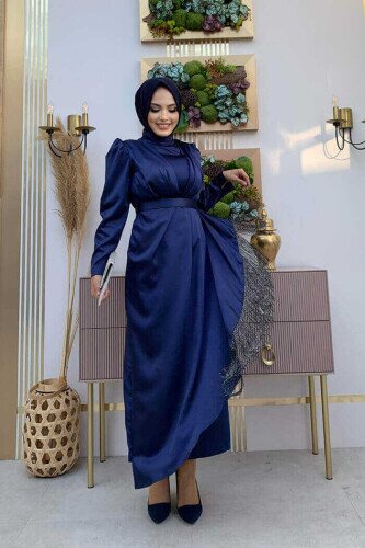 Skirt Tassel Detail Belt Accessory Satin Evening Dress 3763 Navy Blue 