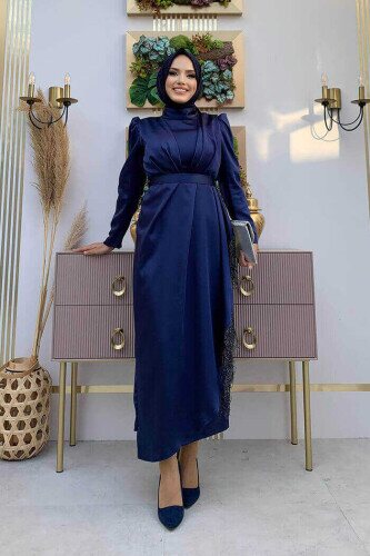 Skirt Tassel Detail Belt Accessory Satin Evening Dress 3763 Navy Blue - 2