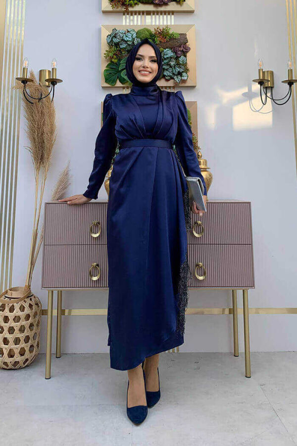 Skirt Tassel Detail Belt Accessory Satin Evening Dress 3763 Navy Blue - 2