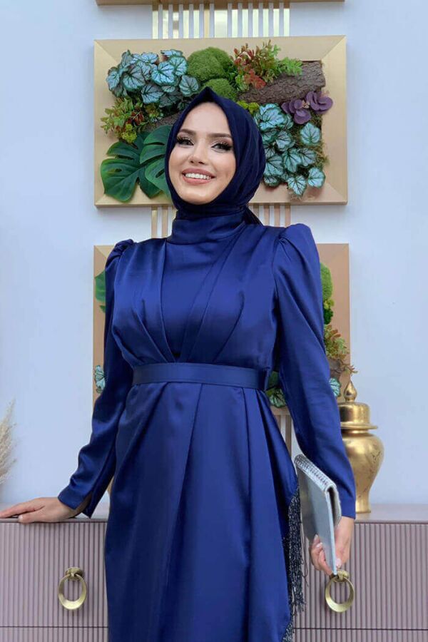 Skirt Tassel Detail Belt Accessory Satin Evening Dress 3763 Navy Blue - 4