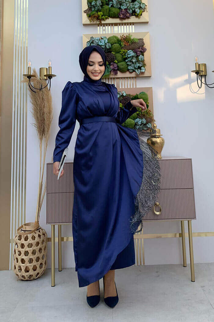 Skirt Tassel Detail Belt Accessory Satin Evening Dress 3763 Navy Blue - 4