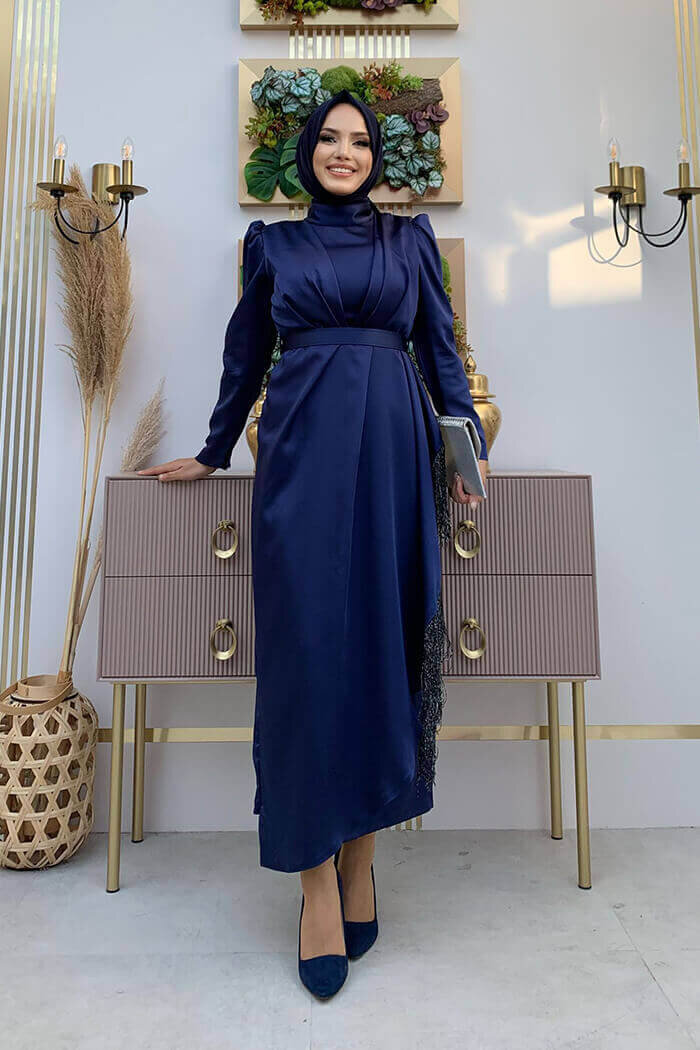 Skirt Tassel Detail Belt Accessory Satin Evening Dress 3763 Navy Blue - 5