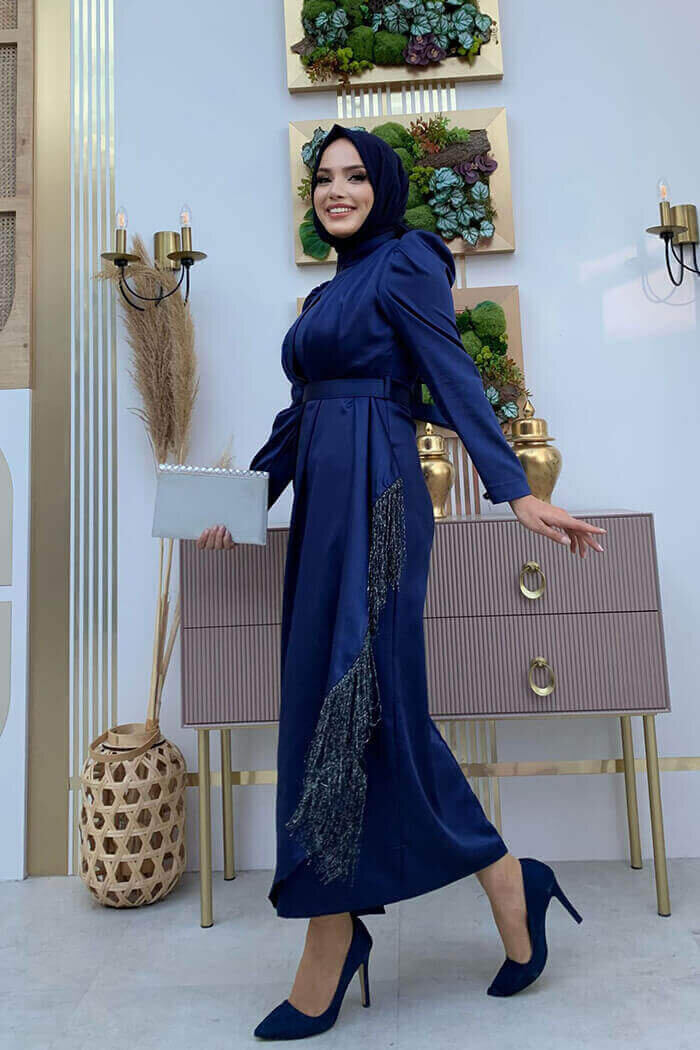 Skirt Tassel Detail Belt Accessory Satin Evening Dress 3763 Navy Blue - 6