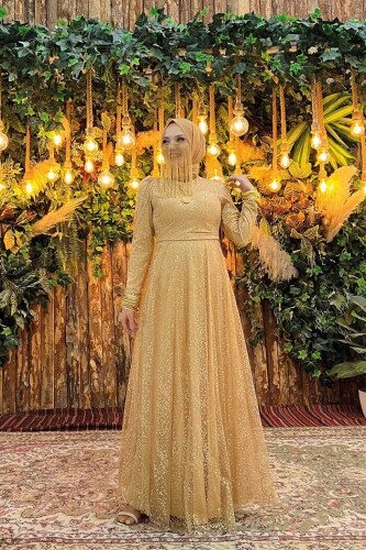 فستان سهرة من التول مبطن لامع بدرجتين مع سحاب خلفي 3769 ذهبي 
