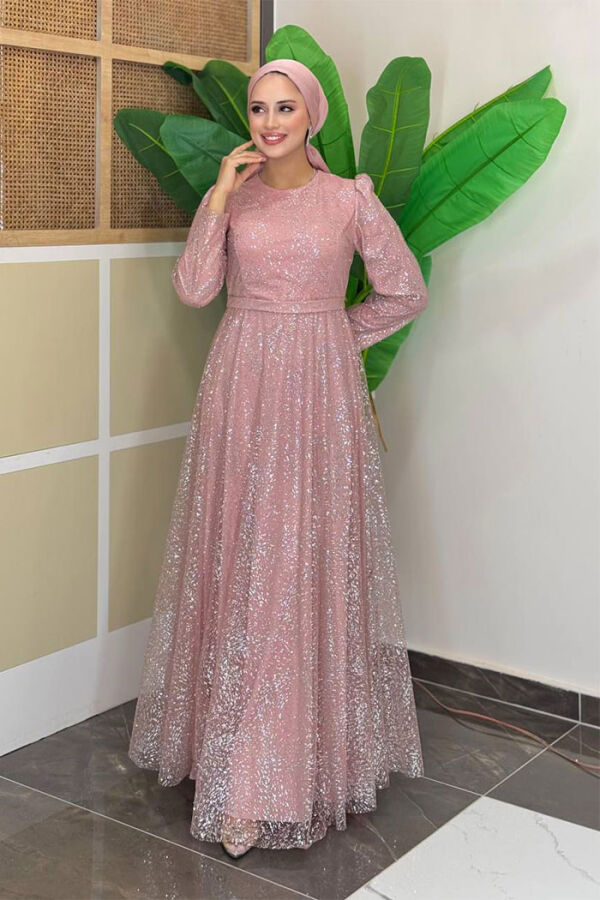 Zweifarbiges, glitzerndes, gefüttertes Tüll-Abendkleid mit Reißverschluss hinten 3769 Puder - 1