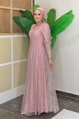 Zweifarbiges, glitzerndes, gefüttertes Tüll-Abendkleid mit Reißverschluss hinten 3769 Puder - 3