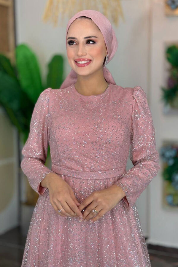 Zweifarbiges, glitzerndes, gefüttertes Tüll-Abendkleid mit Reißverschluss hinten 3769 Puder - 4