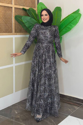 Zweifarbiges, glitzerndes, gefüttertes Tüll-Abendkleid mit Reißverschluss hinten 3769 Schwarz 