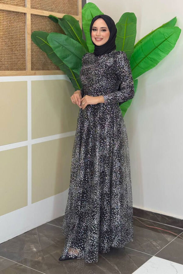 Zweifarbiges, glitzerndes, gefüttertes Tüll-Abendkleid mit Reißverschluss hinten 3769 Schwarz - 3