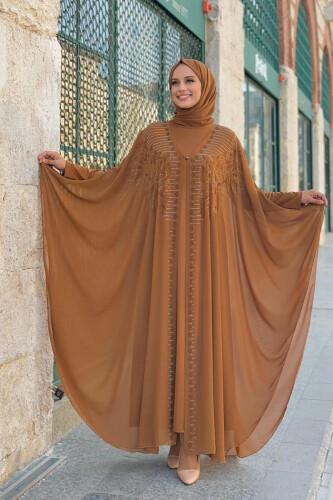 Steinbesticktes Chiffon-Cape-Kleid, Abendkleid, Anzug 3772 Hellbraun 