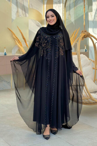Steinbesticktes Chiffon-Cape-Kleid, Abendkleid, Anzug 3772 Schwarz 