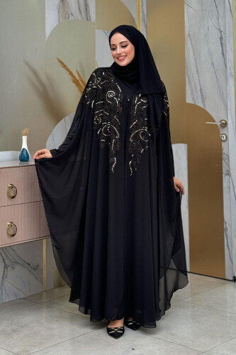 Steinbesticktes, gemustertes Chiffon-Cape-Kleid, Abendkleid, Anzug 3773, Schwarz 