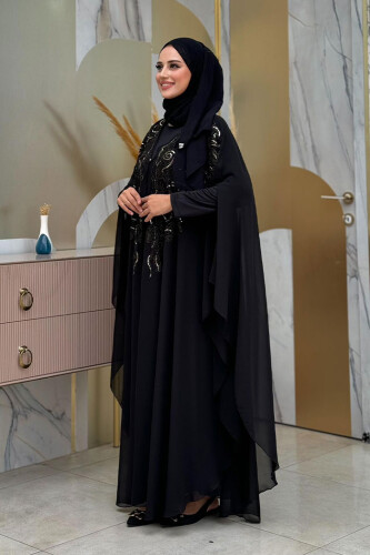 Steinbesticktes, gemustertes Chiffon-Cape-Kleid, Abendkleid, Anzug 3773, Schwarz - 3