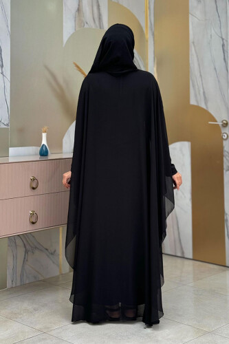 Stone Embroidered Patterned Chiffon Cape Dress Evening Dress Suit 3773 Black - 2