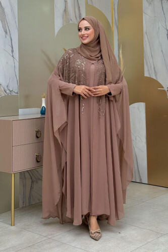 Steinbesticktes, gemustertes Chiffon-Cape-Kleid, Abendkleid, Anzug 3773 Nerz 