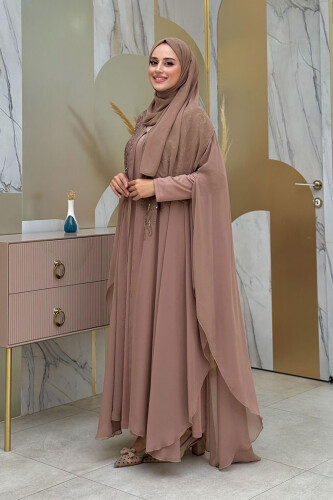 Steinbesticktes, gemustertes Chiffon-Cape-Kleid, Abendkleid, Anzug 3773 Nerz - 2