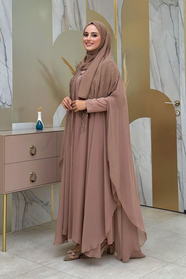 Stone Embroidered Patterned Chiffon Cape Dress Evening Dress Suit 3773 Mink - 2