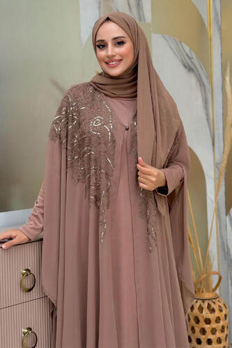 Stone Embroidered Patterned Chiffon Cape Dress Evening Dress Suit 3773 Mink - 4