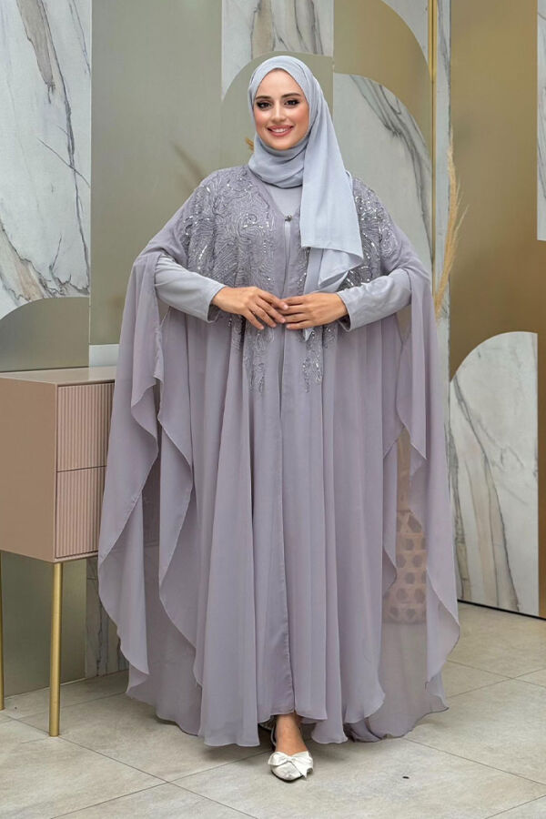 Steinbesticktes, gemustertes Chiffon-Cape-Kleid, Abendkleid, Anzug 3773 Grau - 1