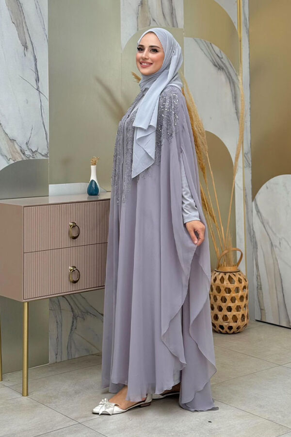 Steinbesticktes, gemustertes Chiffon-Cape-Kleid, Abendkleid, Anzug 3773 Grau - 2
