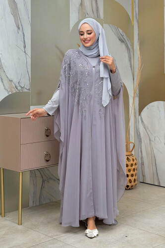 Steinbesticktes, gemustertes Chiffon-Cape-Kleid, Abendkleid, Anzug 3773 Grau - 3