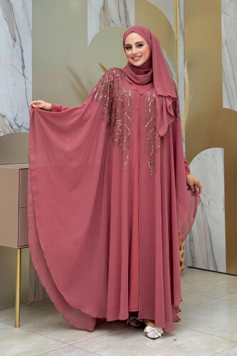 Steinbesticktes, gemustertes Chiffon-Cape-Kleid, Abendkleid, Anzug 3773, getrocknete Rose 