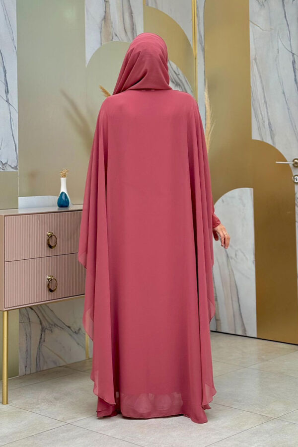 Stone Embroidered Patterned Chiffon Cape Dress Evening Dress Suit 3773 Dried Rose - 2