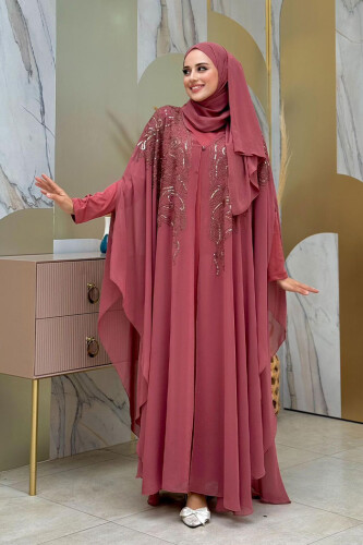 Stone Embroidered Patterned Chiffon Cape Dress Evening Dress Suit 3773 Dried Rose - 3
