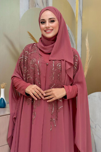 Stone Embroidered Patterned Chiffon Cape Dress Evening Dress Suit 3773 Dried Rose - 4