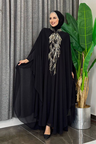 Sequin Embroidered Chiffon Cape Dress Evening Dress Suit 3774 Black 