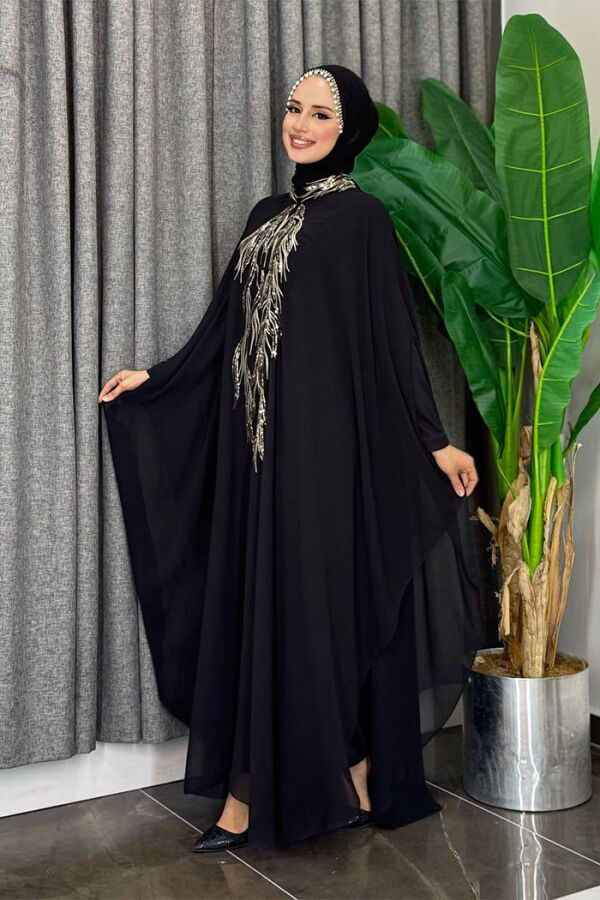 Sequin Embroidered Chiffon Cape Dress Evening Dress Suit 3774 Black - 3