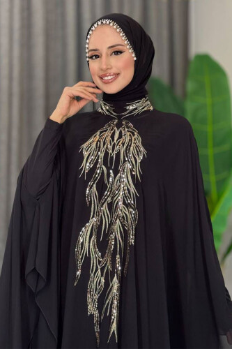Sequin Embroidered Chiffon Cape Dress Evening Dress Suit 3774 Black - 4