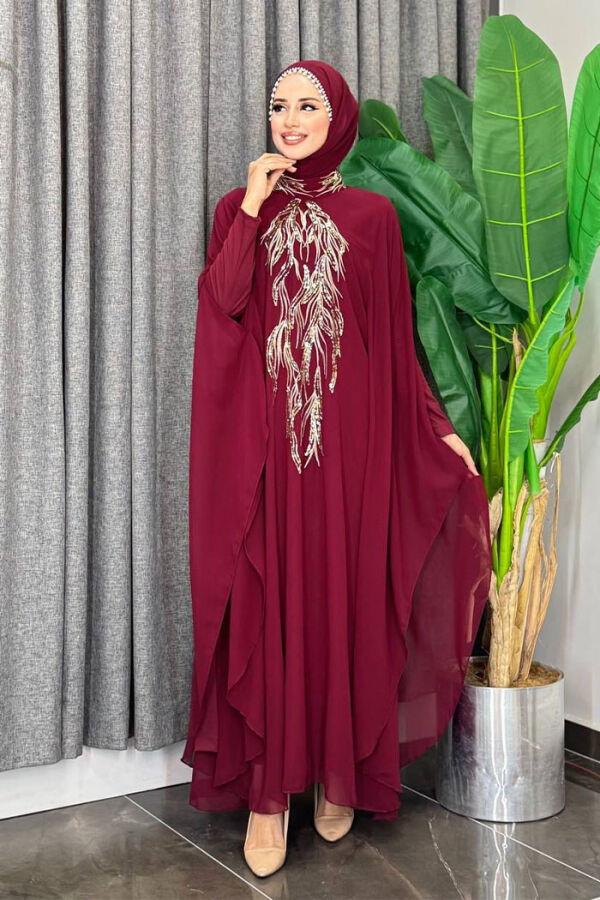 Sequin Embroidered Chiffon Cape Dress Evening Suit 3774 Claret Red - 2
