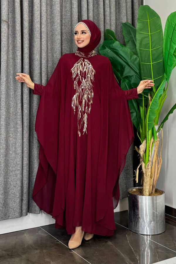 Sequin Embroidered Chiffon Cape Dress Evening Suit 3774 Claret Red - 3