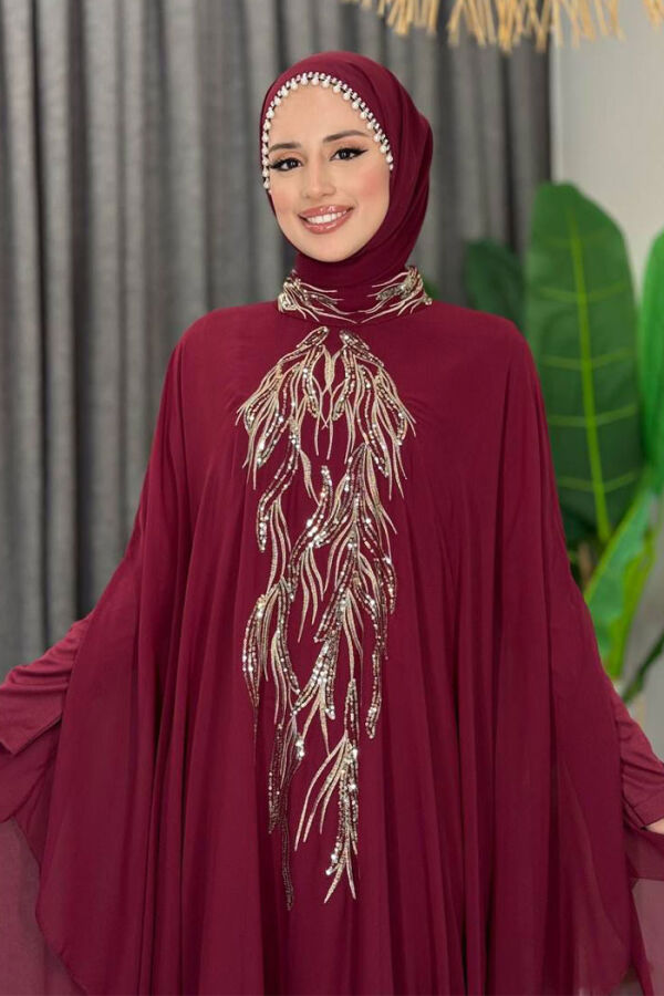 Sequin Embroidered Chiffon Cape Dress Evening Suit 3774 Claret Red - 4