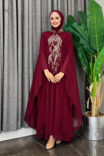 Sequin Embroidered Chiffon Cape Dress Evening Suit 3774 Claret Red 