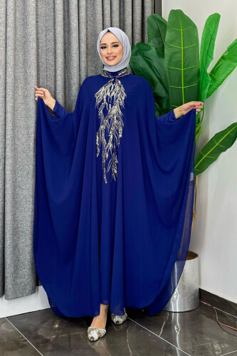 Sequin Embroidered Chiffon Cape Dress Evening Dress Suit 3774 Navy Blue 