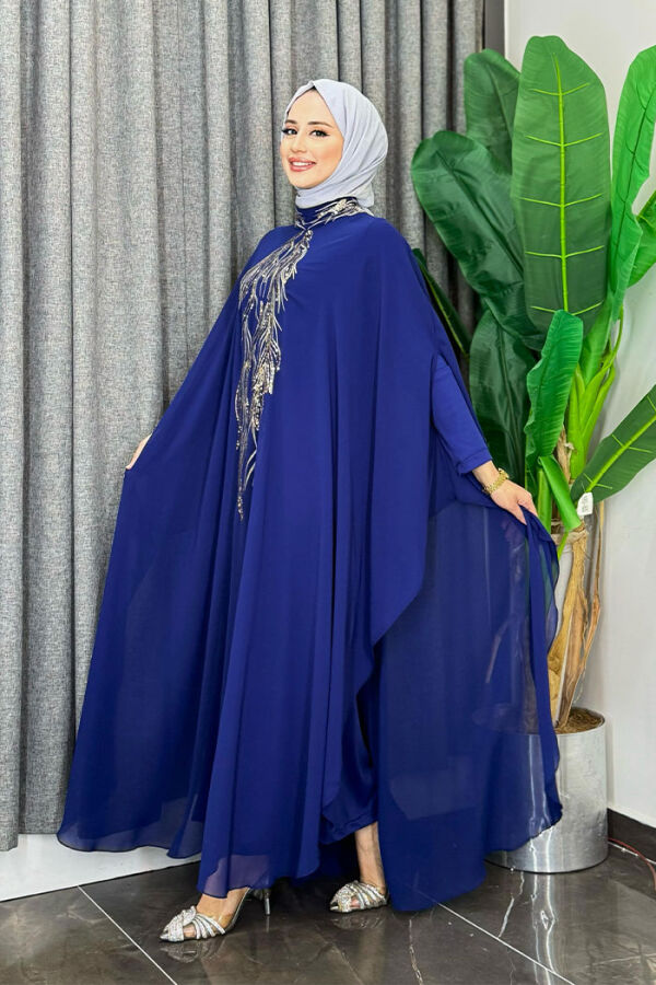Sequin Embroidered Chiffon Cape Dress Evening Dress Suit 3774 Navy Blue - 2