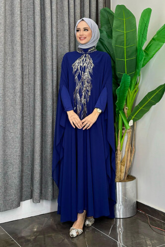 Sequin Embroidered Chiffon Cape Dress Evening Dress Suit 3774 Navy Blue - 3