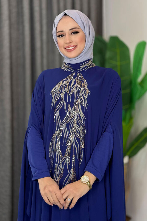Sequin Embroidered Chiffon Cape Dress Evening Dress Suit 3774 Navy Blue - 4