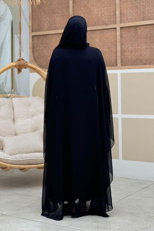 Steinbesticktes Chiffon-Umhangkleid mit Fledermausärmeln, Abendkleid, Anzug 3776, Schwarz - 2