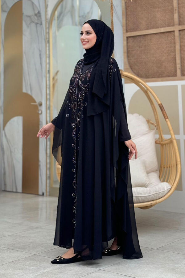 Steinbesticktes Chiffon-Umhangkleid mit Fledermausärmeln, Abendkleid, Anzug 3776, Schwarz - 3