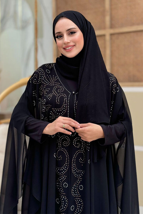 Steinbesticktes Chiffon-Umhangkleid mit Fledermausärmeln, Abendkleid, Anzug 3776, Schwarz - 4