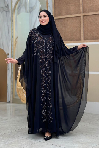 Stone Embroidered Chiffon Bat Sleeve Cape Dress Evening Dress Suit 3776 Black 
